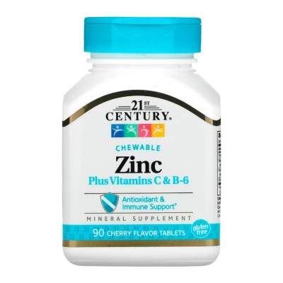 Жевательный цинк с витаминами C и B-6 со вкусом вишни 21st Century, 90 таб